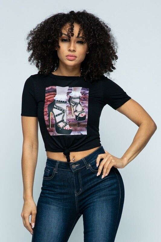 High Heel Graphic Knot-Front Tee