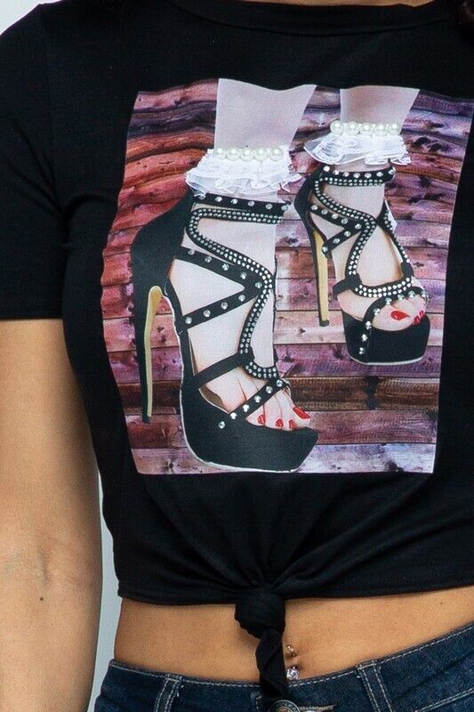 High Heel Graphic Knot-Front Tee